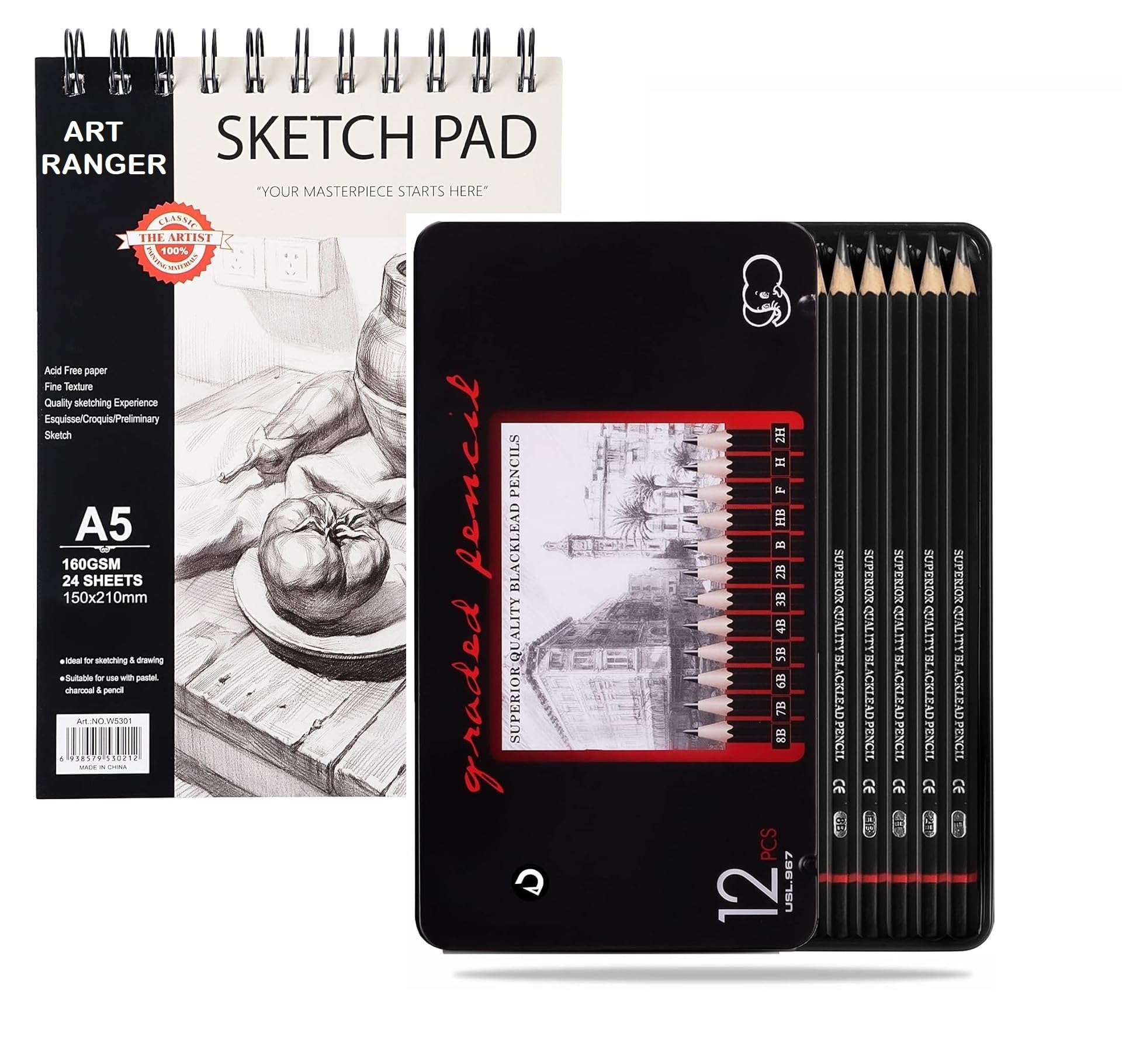 Art Ranger Artists 'Drawing, Sketching Pencil Set of 12 (8B-2H
